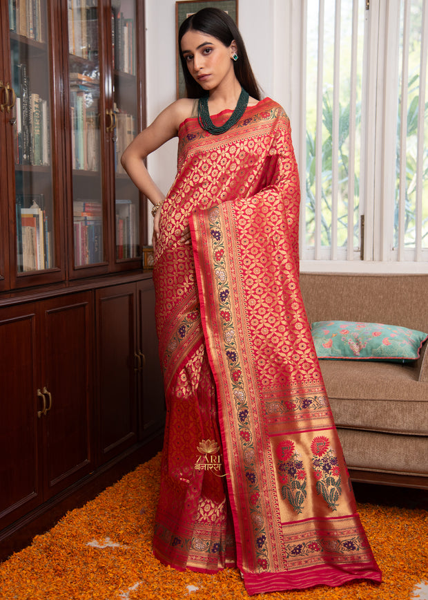 Bhairavi pink Banarasi brocade saree with Meenakari resham detailing and zari weave