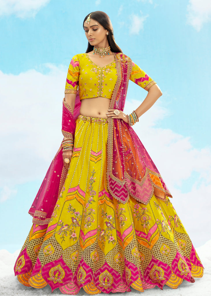 Lime Yellow And Pink Heavy Embroidered Designer Lehenga Set