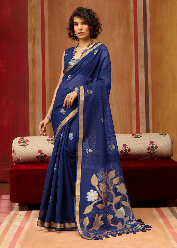 Midnight Blue Woven Cotton Silk Saree
