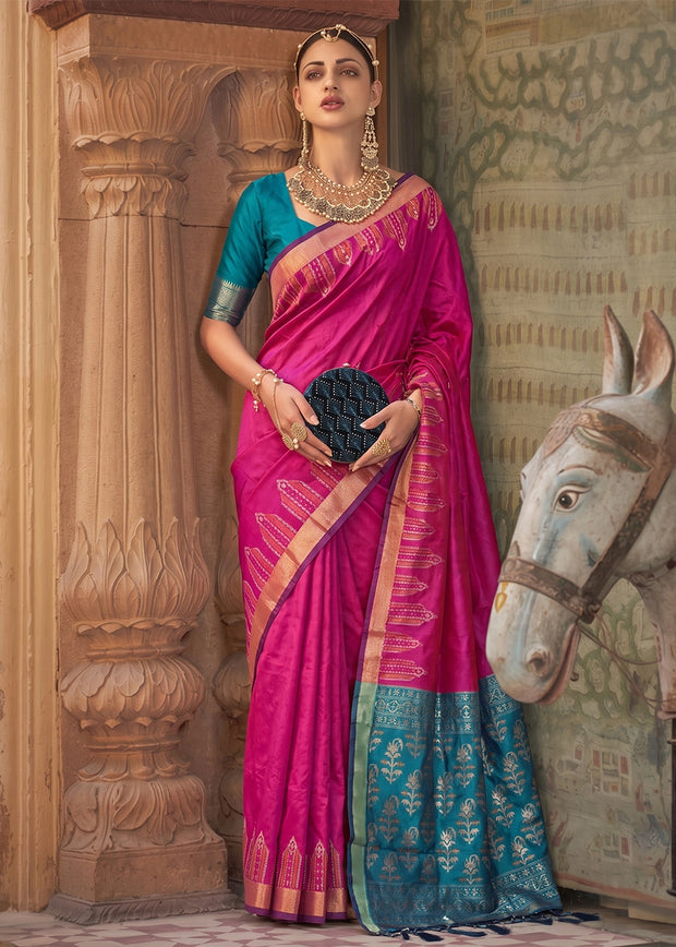 Magenta Pink Woven Banarasi Silk Saree