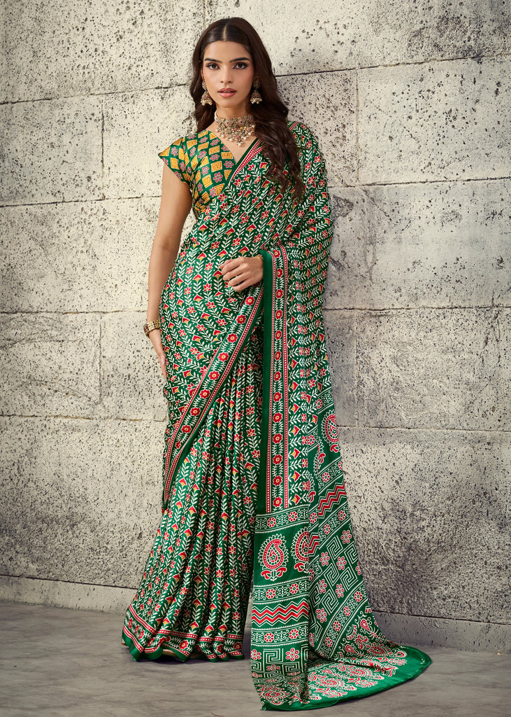 Jungle Green Printed Satin Silk Saree