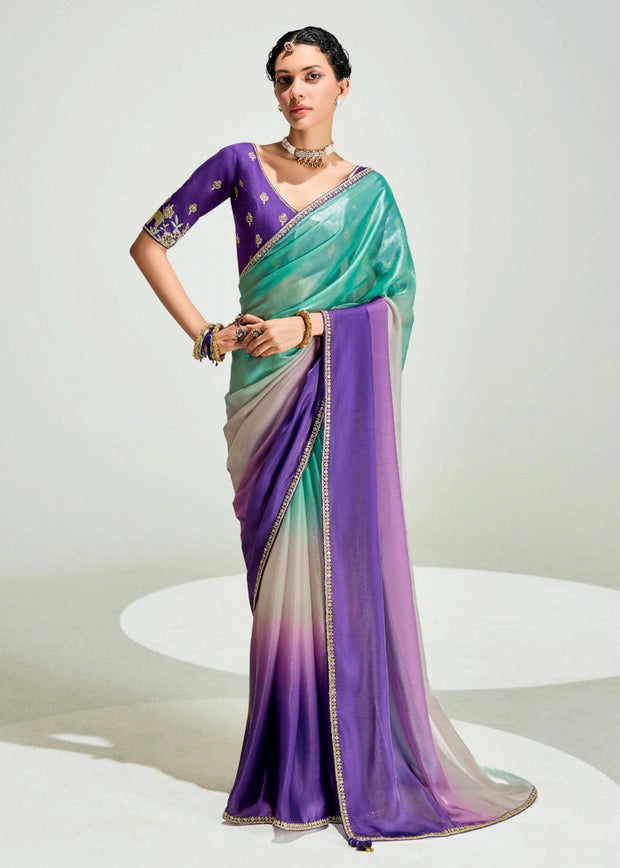 Bright purple ombre tissue saree with embroidered blouse