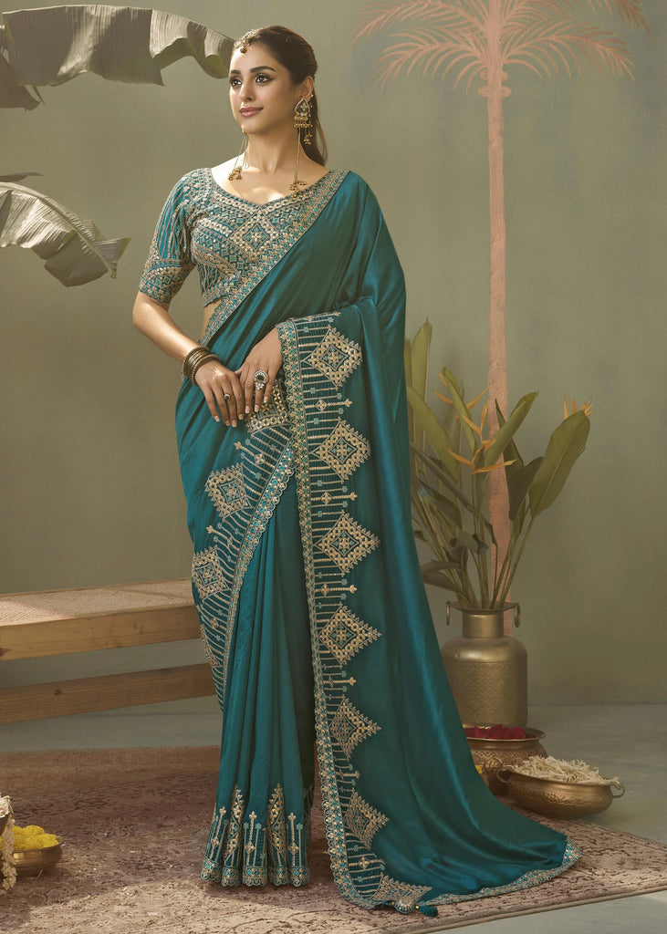 “Exclusive Offer” : Tropical Green Woven Embroidered Silk Saree