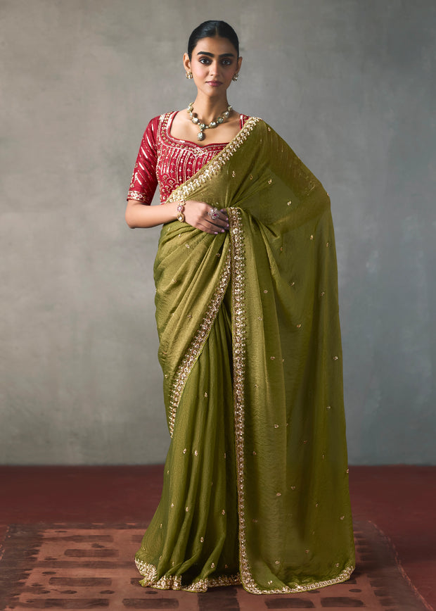 Olive Green Embroidered Silk Saree With Heavy Blouese