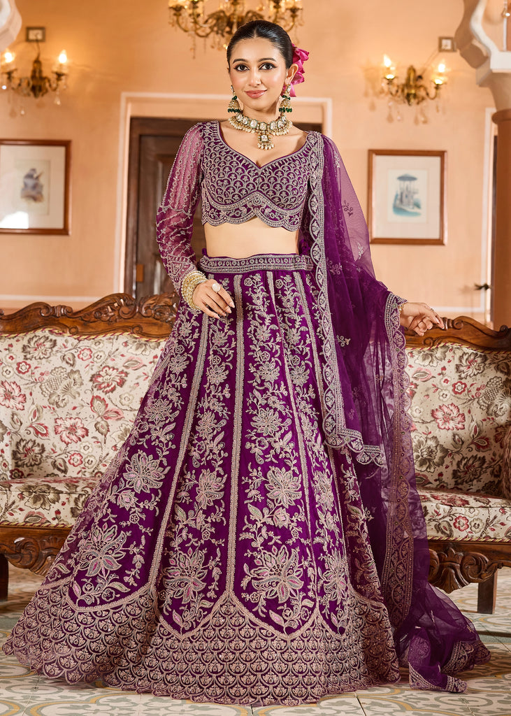 Regal Violet Embroidered Net Lehenga