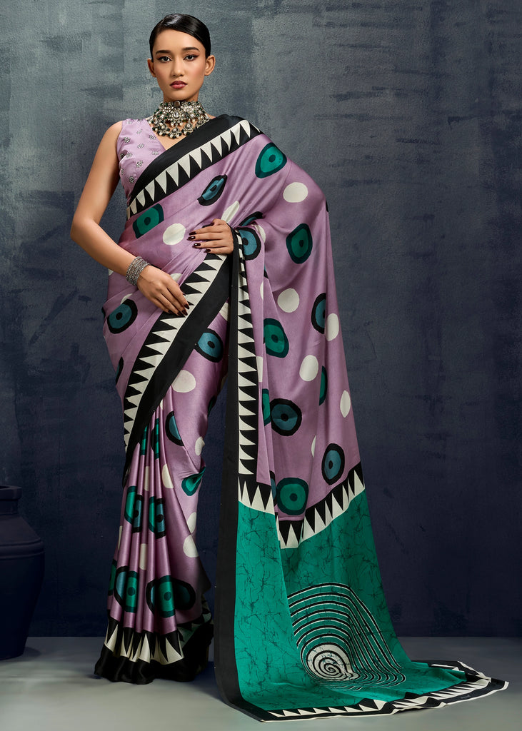 Dusky Lavender Printed Satin Silk Saree