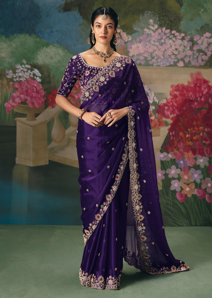 Rich Purple Embroidered Designer Saree