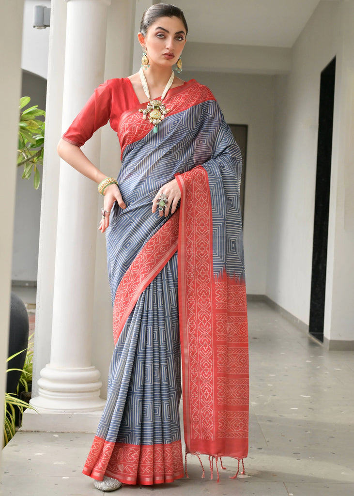Slate Grey & Red Printed Tussar SIlk Saree