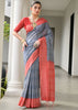 Slate Grey & Red Printed Tussar SIlk Saree