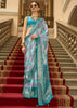 Teal Blue Printed Satin Silk Saree