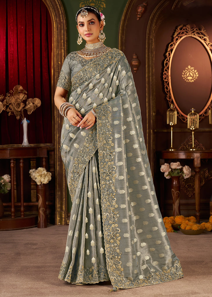Fossil Grey Embroidered Tissue Designer Saree