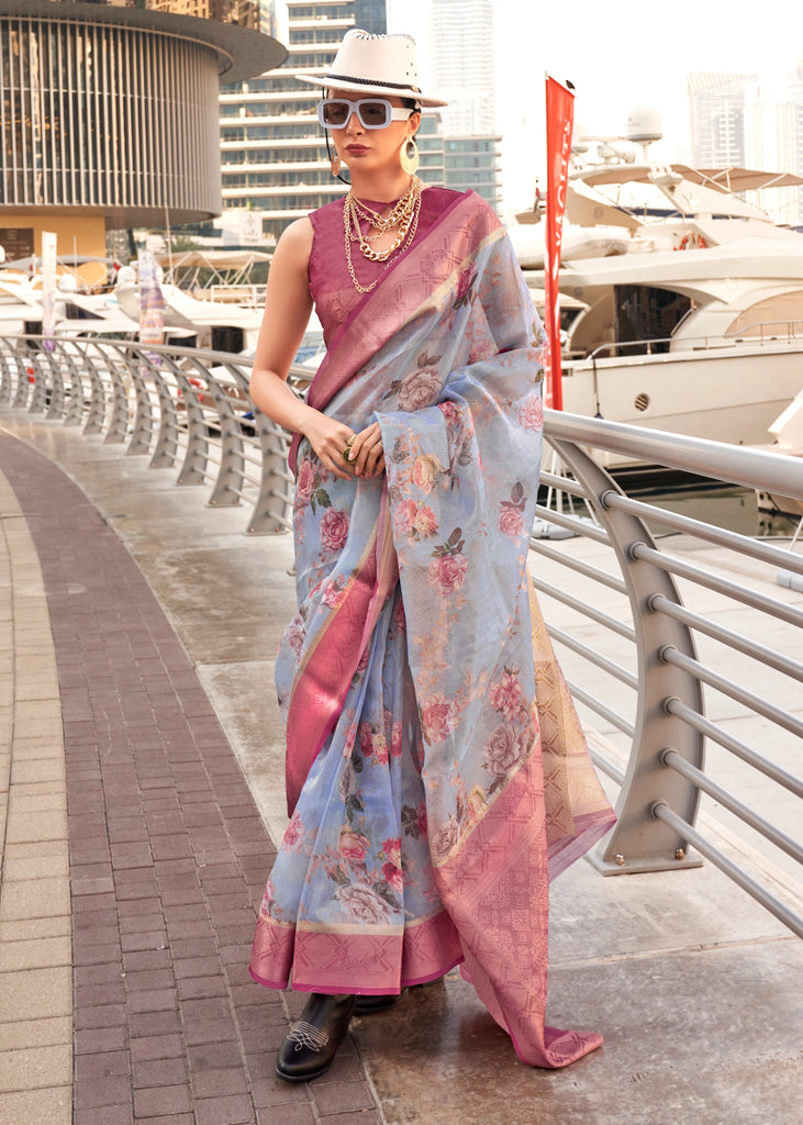 Powder Blue Woven Banarasi Tissue Silk Saree