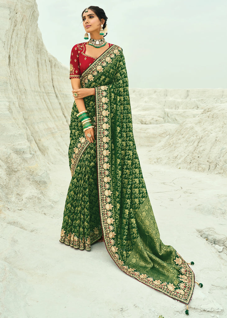 Pine Green Woven Georgette Bandhej Designer Saree