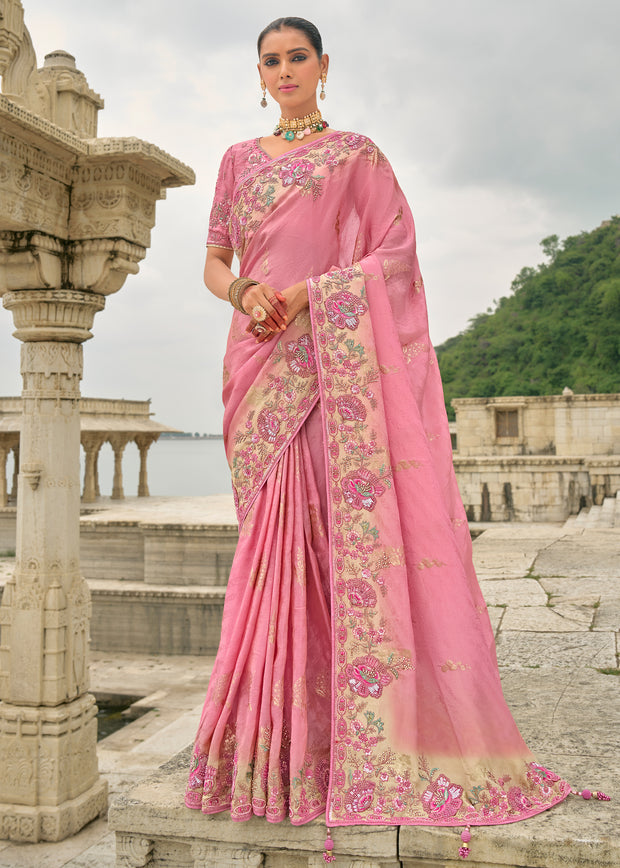 Glory pink luxury embroidered silk saree