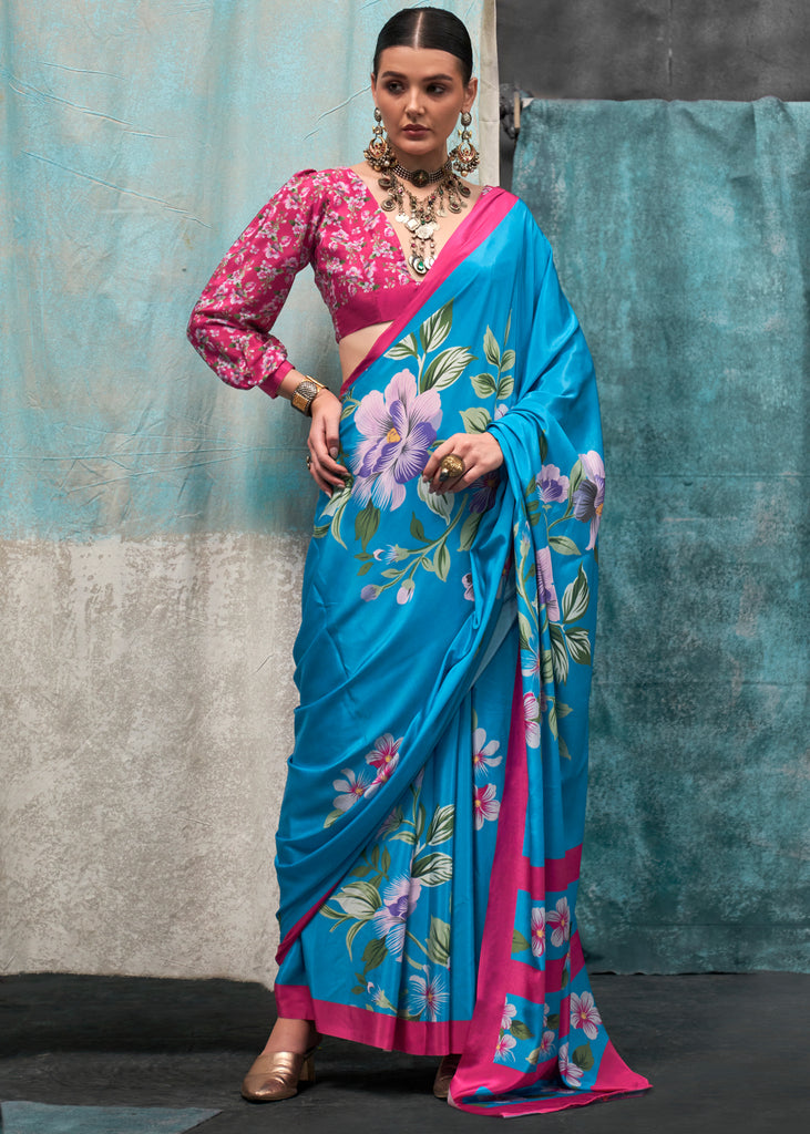 Ocean Blue Satin Crepe Printed Silk Saree