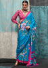 Ocean Blue Satin Crepe Printed Silk Saree