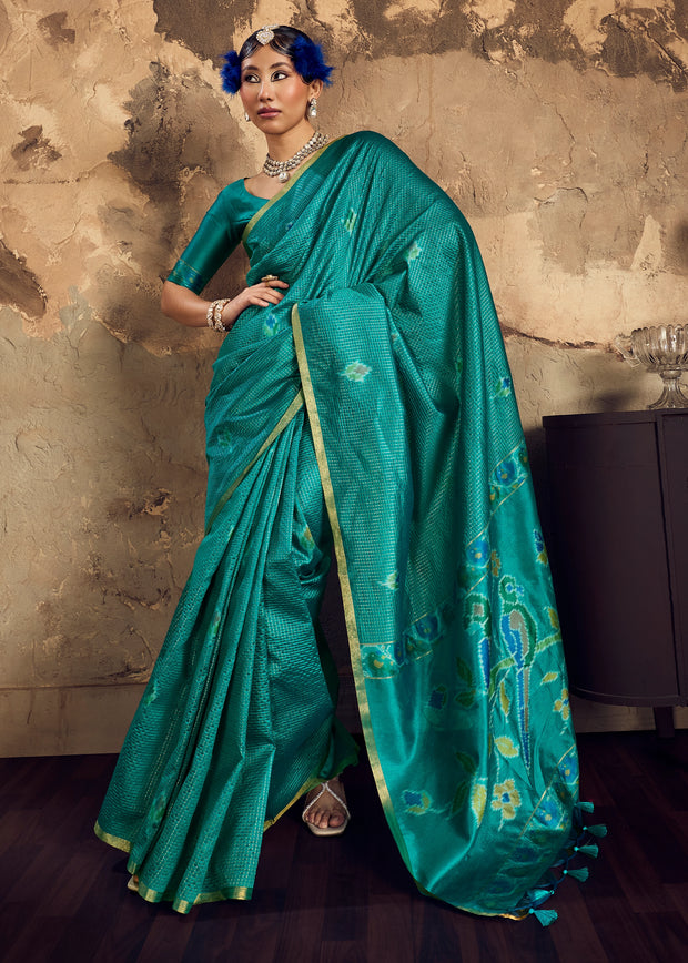 Turquoise Green Woven silk saree