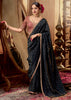 “Exclusive Offer” : Pirate Black Woven Designer Embroidered Silk Saree With Contrast Blouse