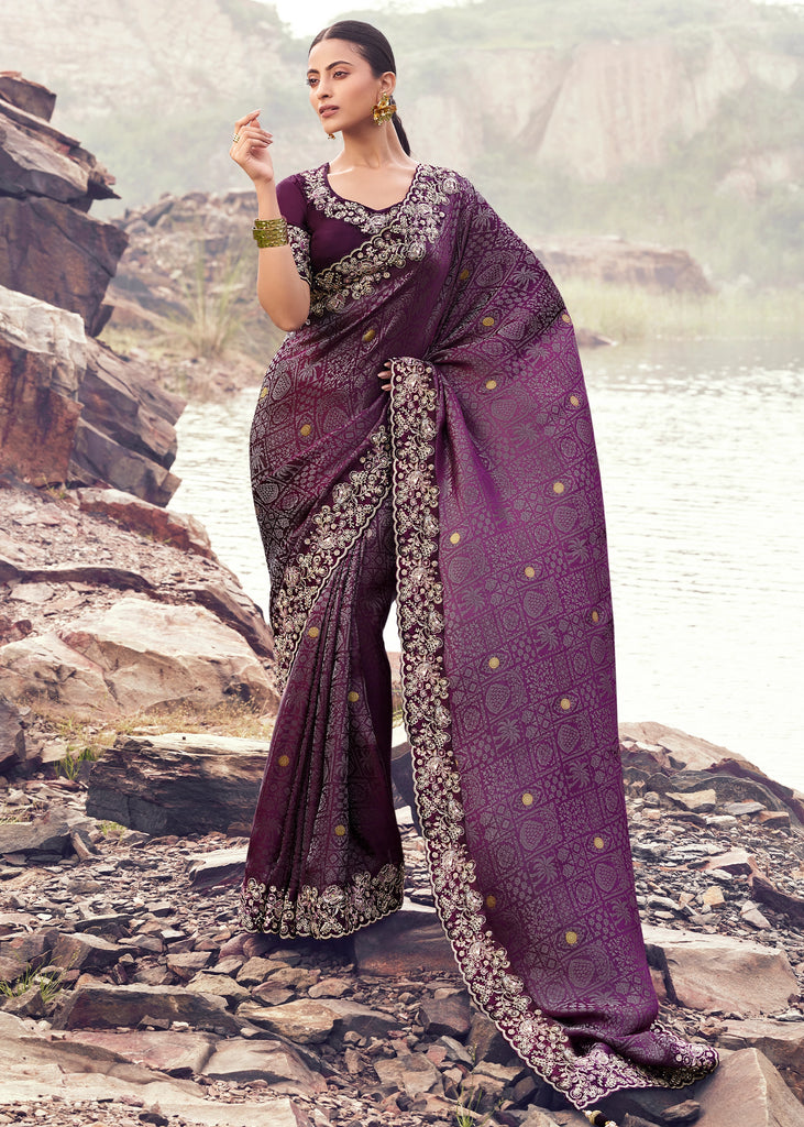 Purple Wine Woven Embroidered Satin Silk Saree
