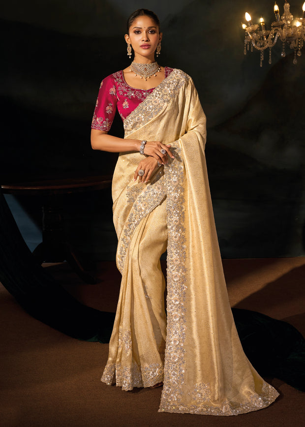 Cream Embroidered Kanjivaram Silk saree