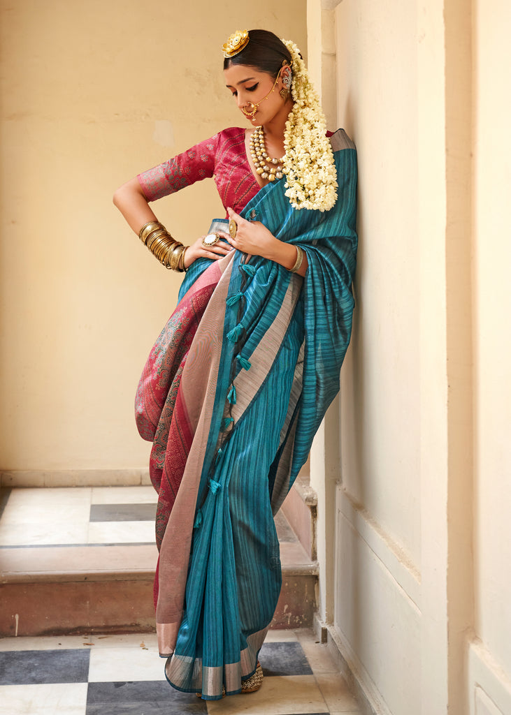 “Exclusive Offer” : Peacock Blue Woven Banarasi Tussar Silk Saree