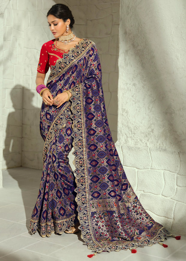 Indigo Blue Embroidered Georgette Bandhej Saree