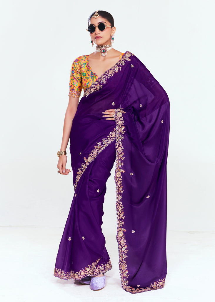 Magic Purple Designer Embroidered Tissue Saree