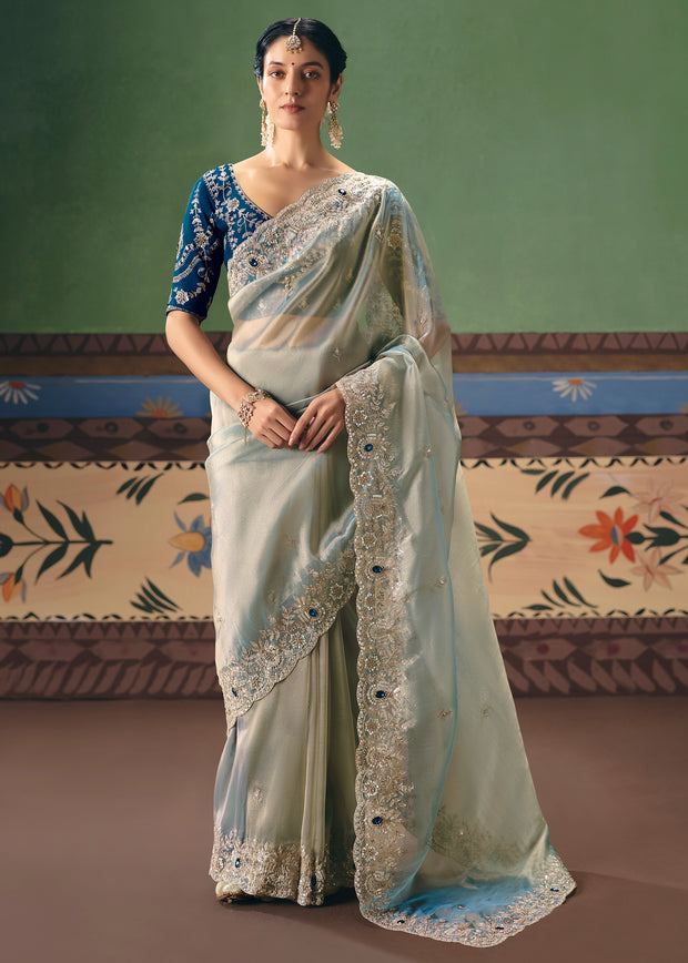 Cloud Blue Embroidered Designer Saree