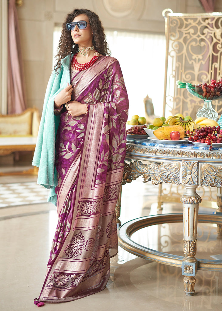 Wine Purple Woven Georgette Silk Saree