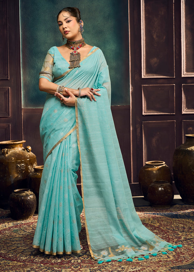 Sky blue Woven Munga Cotton Silk Saree
