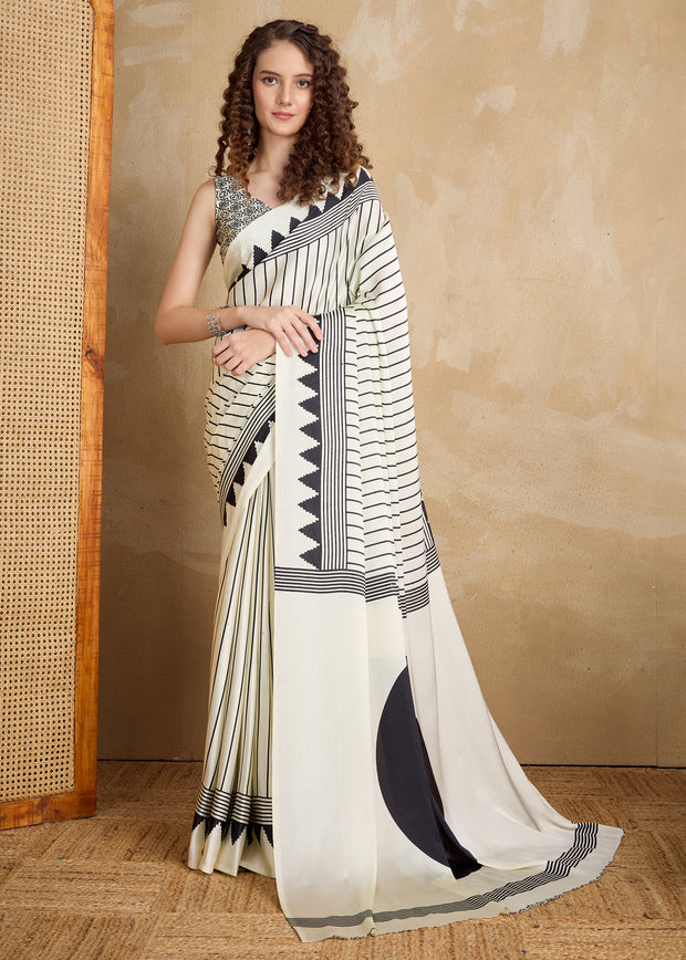 Black And White Printed Satin Silk Saree
