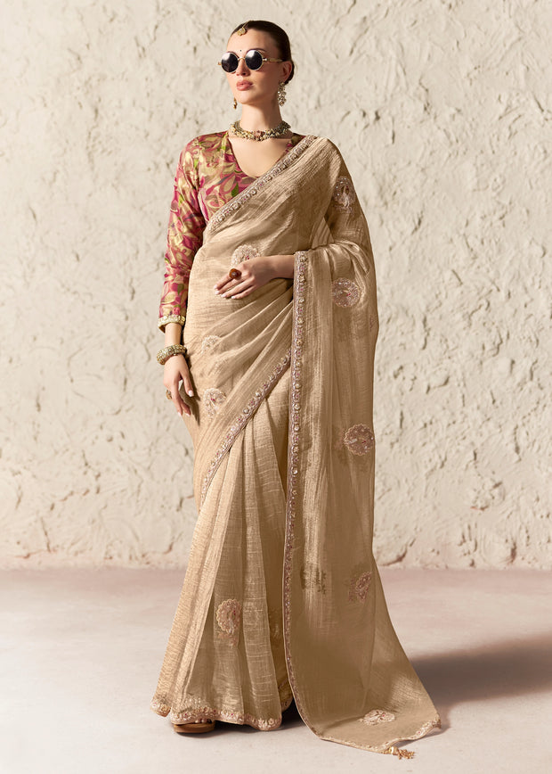 Sand Beige Designer Organza Tissue Silk Saree With Printed Blouse
