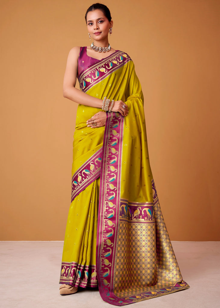 Lime Green Woven Banarasi Silk Saree