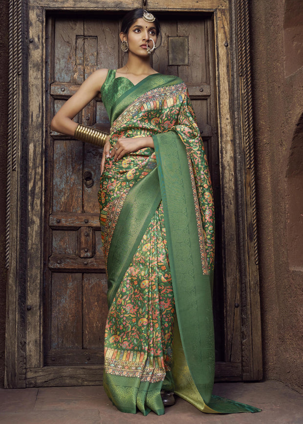 Antique Green Floral Printed Soft Silk Saree