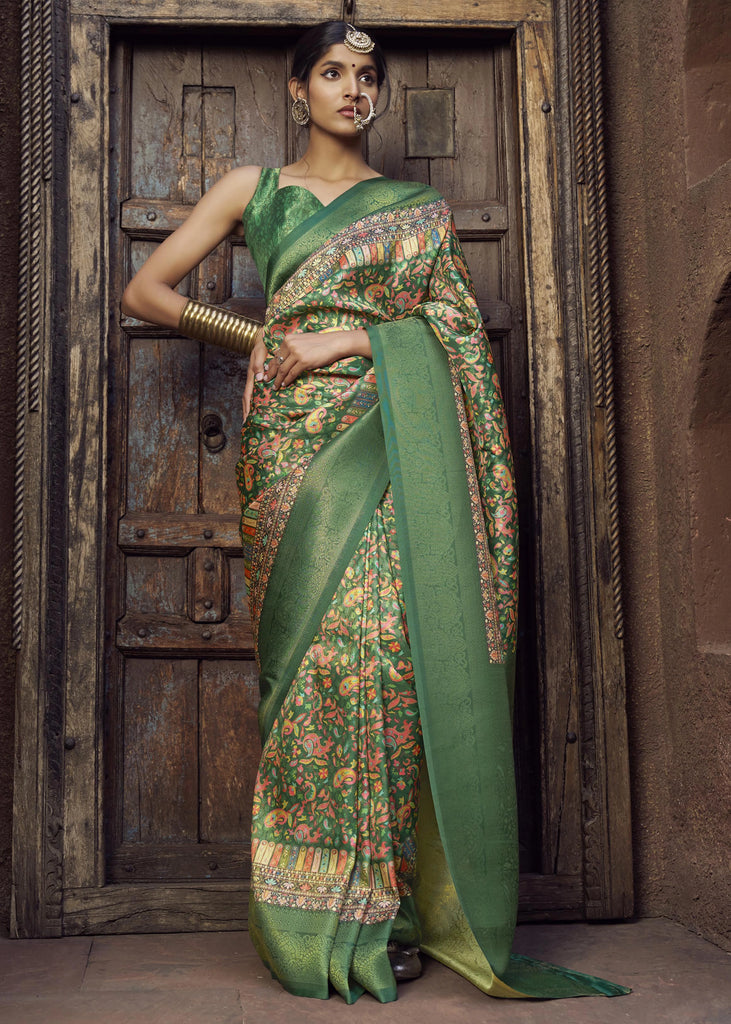 Antique Green Floral Printed Soft Silk Saree