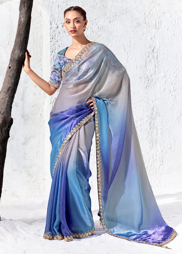 Shades Of Blue Designer Organza Silk Saree With Printed Blouse