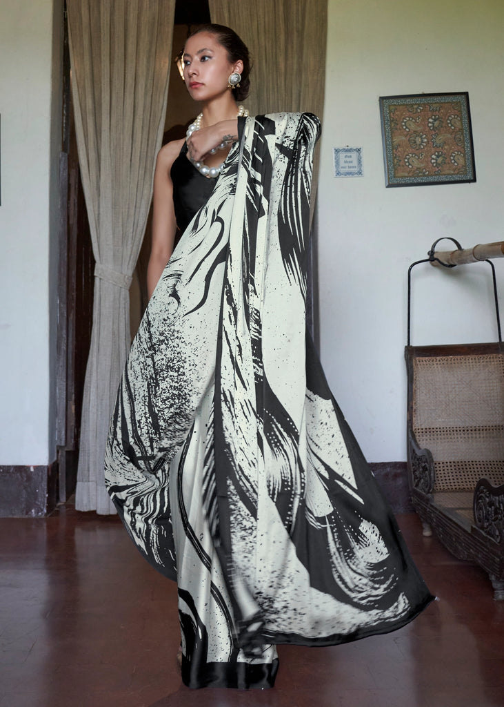 Black White Printed Satin Crepe Saree