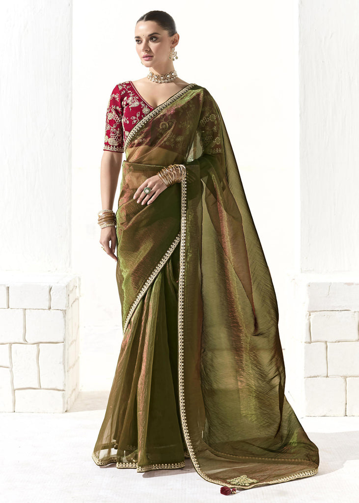 Mehndi Green Designer Organza Tissue Silk Saree