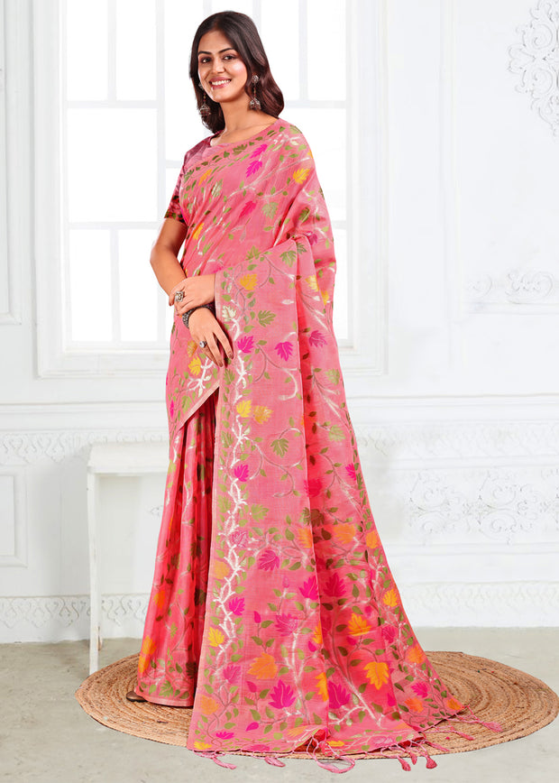 Peach Pink Woven Linen Cotton Silk Saree