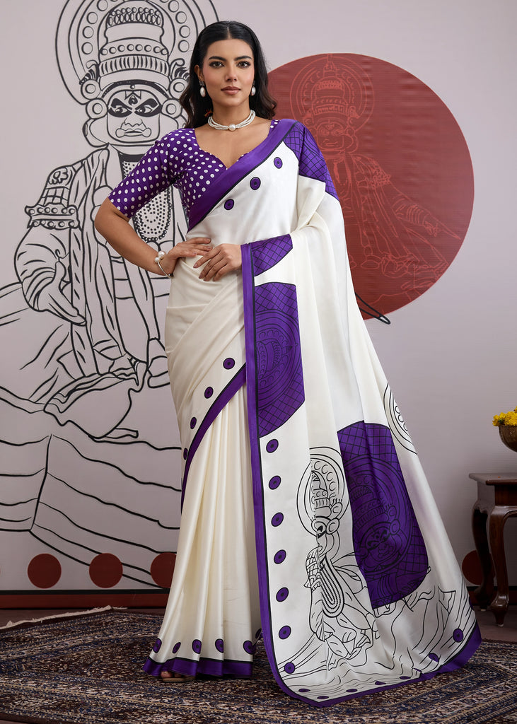 Purple And White Printed Satin Silk Saree