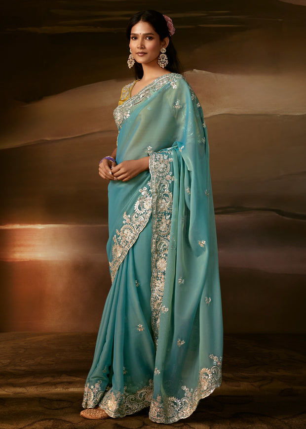 Aqua Blue Embroidered Designer Organza Saree