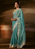 Aqua Blue Embroidered Designer Organza Saree