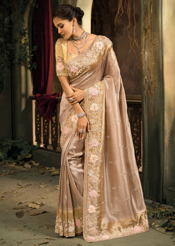 Almond Beige Designer Embroidered Silk Saree