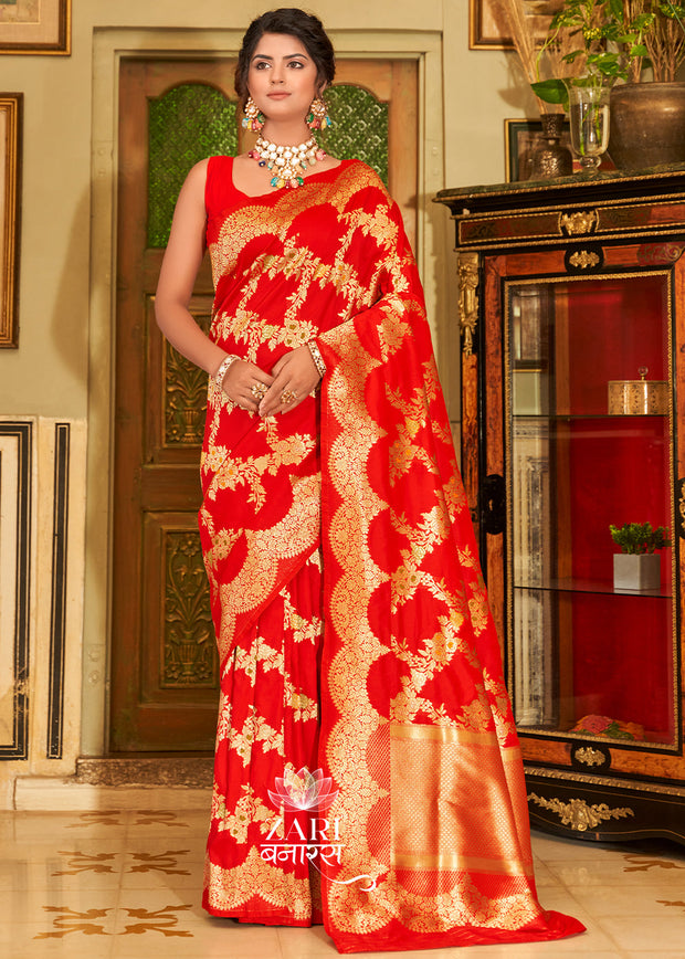Sadhana red Banarasi Katan silk saree with all-over floral jaal in gold zari