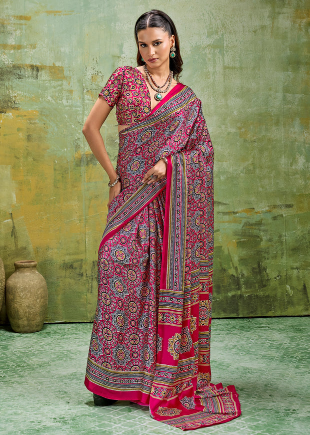 Fuchsia Pink Printed Satin Silk Saree