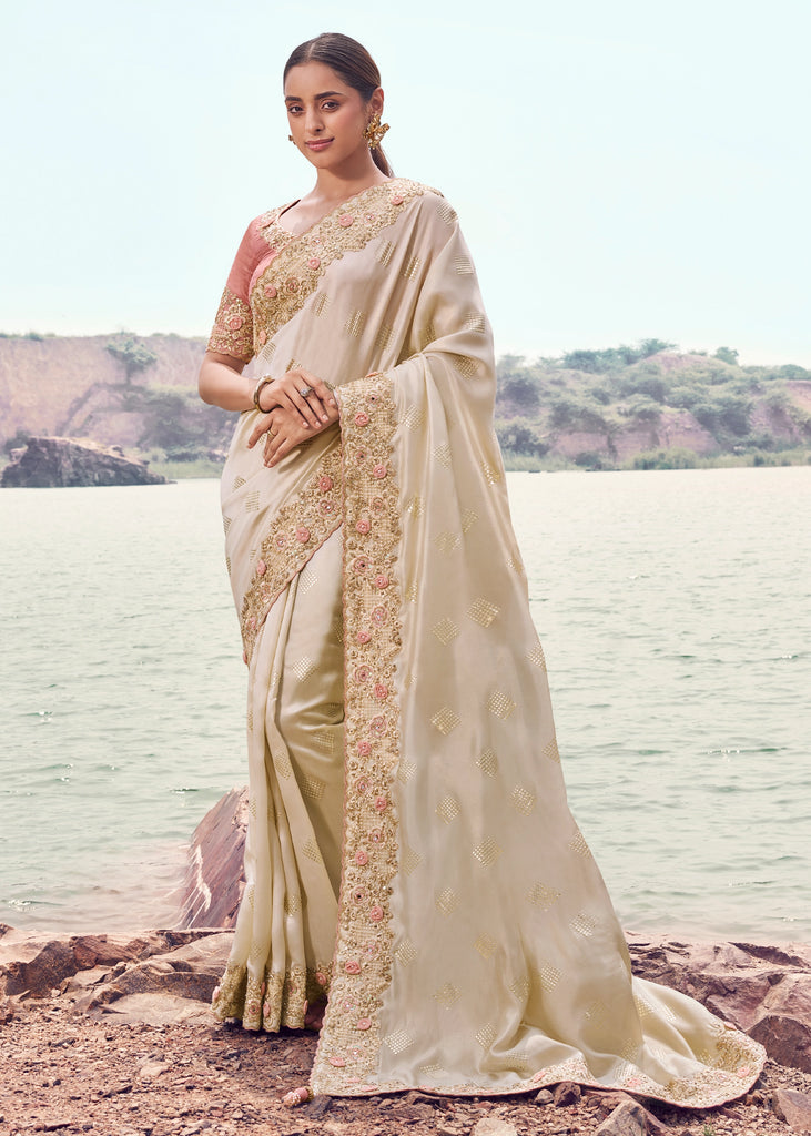 Ivory Woven Embroidered Satin Silk Saree