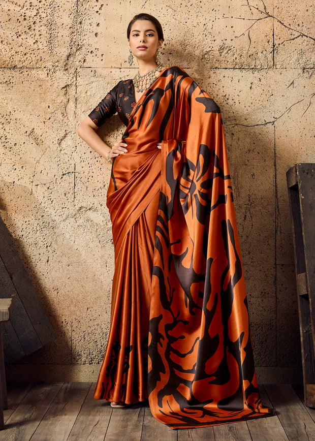 Apricot Orange Printed Satin Silk Saree