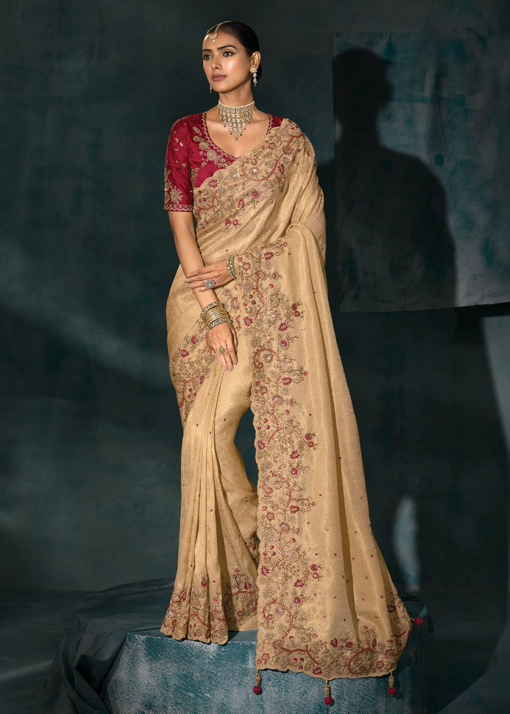 Rich Cream Embroidered Designer Tissue Saree