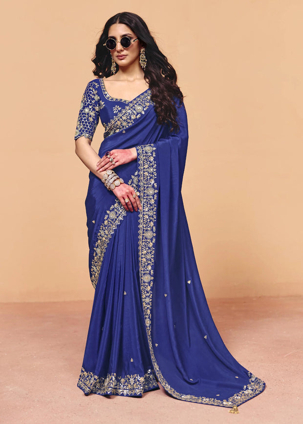 Ultramarine Blue Embroidered Designer Tissue Saree