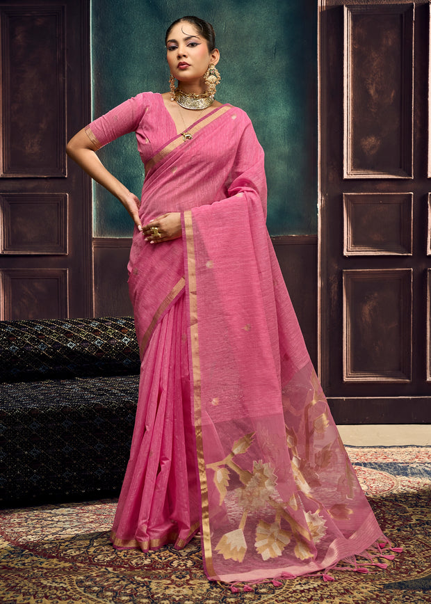 Carnation Pink Woven Cotton Silk Saree